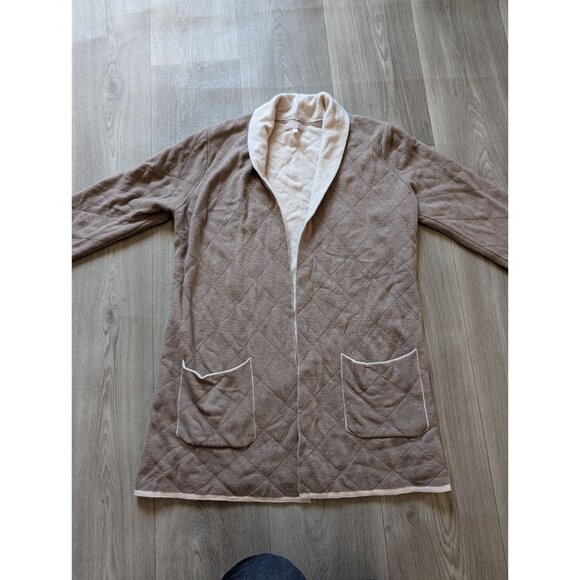 Benedetta Bc Merino Wool Blend Long Open Cardigan With Pockets Beige & White L - Picture 6 of 8